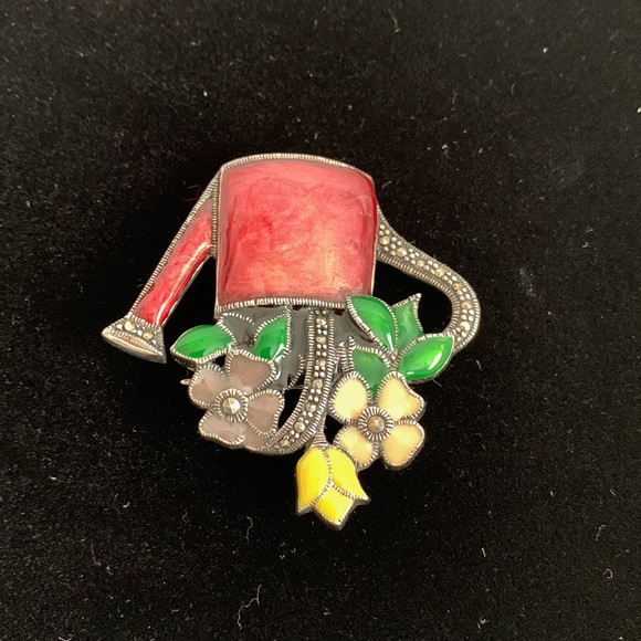 Enamel Marcasite Watering Can Of Flowers Brooch Pin S.M.925 Spring Floral Summer - Picture 9 of 9